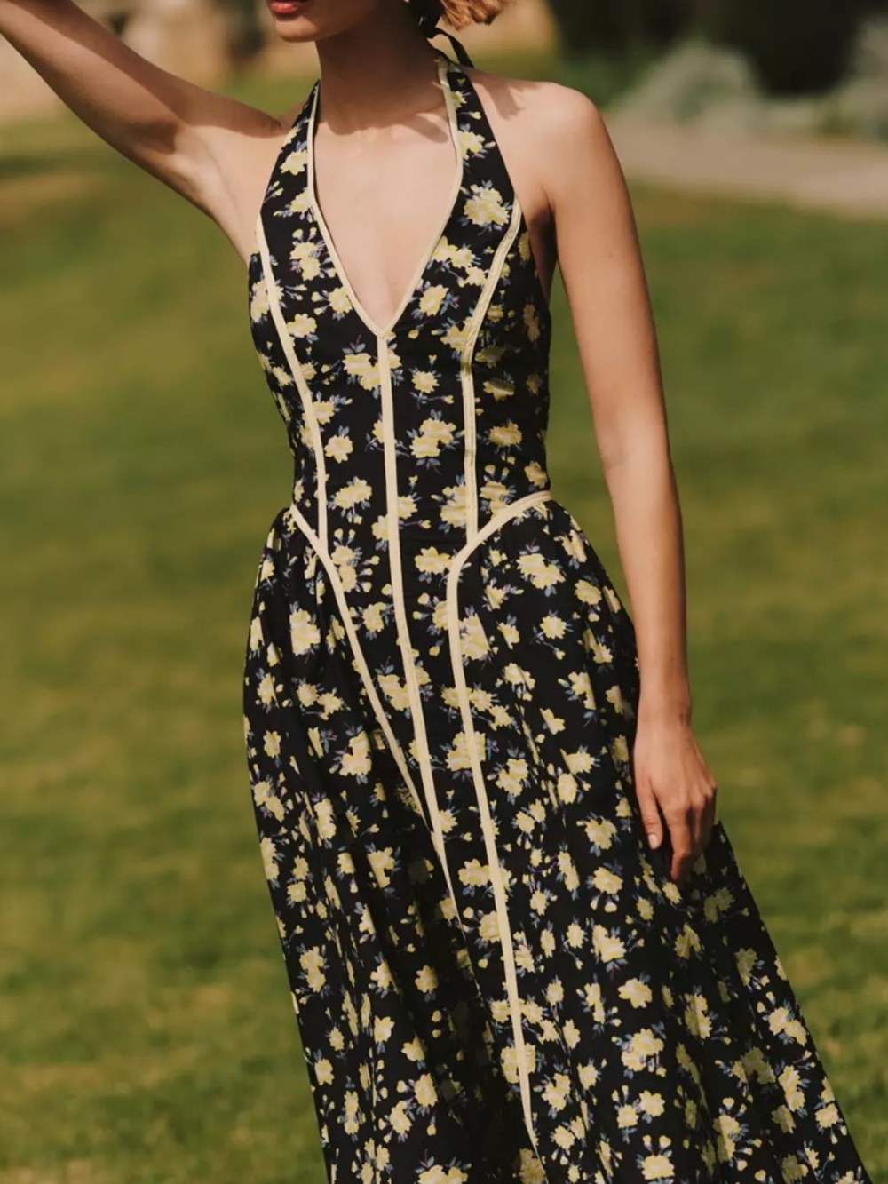 Anthropologie Maeve Halter V-Neck Fit & Flare Midi Dress - Yellow Floral, XS
